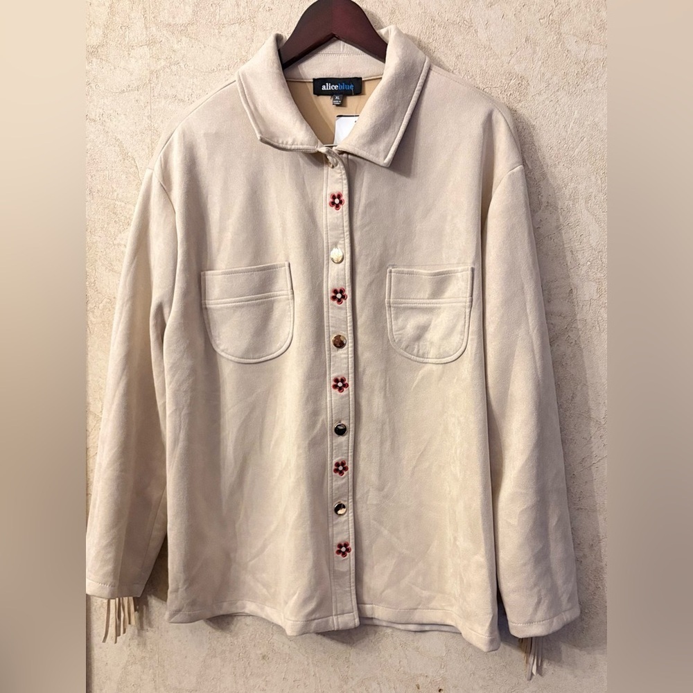 Alice Blue Cream Button-Up Jacket with Embroidered Details